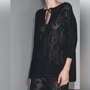 NWOT Zara black embroidered tunic cover-up size s side slits tie front $49
